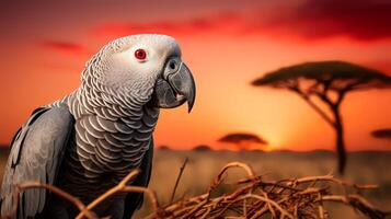 Photo of African Grey Parrot on savanna at sunset. Generative AI