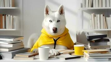 a siberian husky dog sits studying accompanied by a cup and piles of books photo