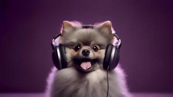 Photo of pomeranian dog using headphone  on purple background. Generative AI