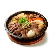 Food photography of Sukiyaki on black bowl isolated on white background. Generative AI photo