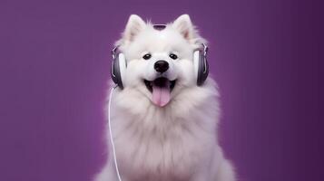 foto de Samoyedo utilizando auricular en púrpura antecedentes. generativo ai