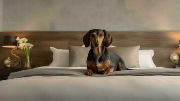 dachshund dog lying on bed in hotel with contemporary interior design. Generative AI photo