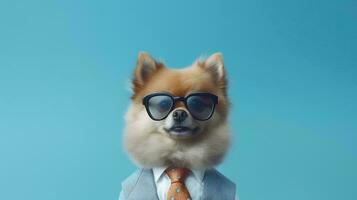 Photo of haughty pomeranian dog using glasses  and office suit on white background. Generative AI