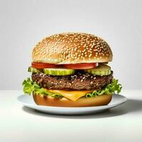 Photo of burger on plate isolated on white background. Created by Generative AI