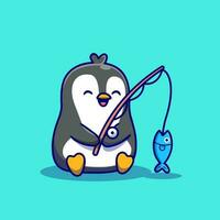 Cute Penguin Fishing Cartoon Vector Icon Illustration. Animal Nature Icon Concept Isolated Premium Vector. Flat Cartoon Style
