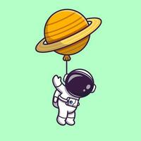 Cute Astronaut Floating With Planet Balloon In Space  Cartoon Vector Icon Illustration. Technology Science Icon  Concept Isolated Premium Vector. Flat Cartoon Style