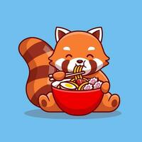 Cute Red Panda Eating Ramen Noddle Cartoon Vector Icon Illustration. Animal Food Icon Concept Isolated Premium Vector. Flat Cartoon Style