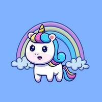 linda unicornio con arco iris dibujos animados vector icono ilustración. animal naturaleza icono concepto aislado prima vector. plano dibujos animados estilo