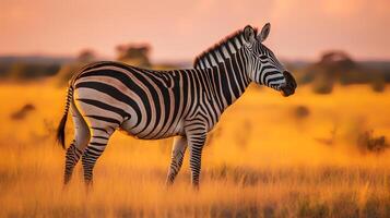 Photo of zebra on savanna at sunset. Generative AI