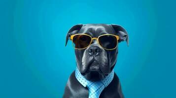 Photo of haughty cane corso using sunglasses  and office suit on white background. Generative AI