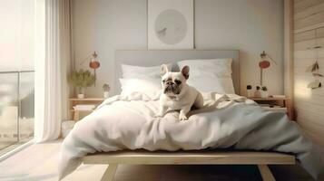 bulldog dog lying on bed in hotel with contemporary interior design. Generative AI photo