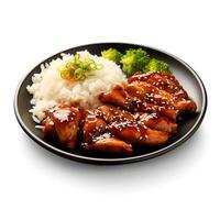 comida fotografía de teriyaki pollo en plato aislado en blanco antecedentes. generativo ai foto