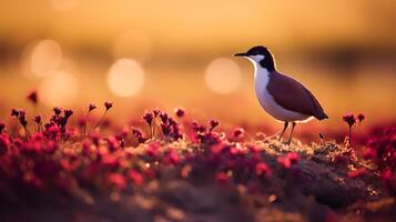 foto de africano jacana en sabana a puesta de sol. generativo ai