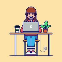 Girl Working on Laptop Cartoon Vector Icon Illustration. People Technology Icon Concept Isolated Premium Vector. Flat Cartoon Style