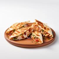 Photo of Chicken Quesadilla on wooden board isolated on white background. Created by Generative AI