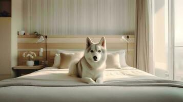 Siberian husky dog lying on bed in hotel with contemporary interior design. Generative AI photo