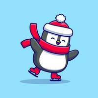 Patinaje sobre hielo de pingüino lindo con ilustración de icono de vector de dibujos animados de bufanda. concepto de icono de deporte animal vector premium aislado. estilo de dibujos animados plana