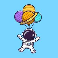 Cute Astronaut Floating With Planet Balloon In Space Cartoon Vector Icon Illustration. Technology Science Icon Concept Isolated Premium Vector. Flat Cartoon Style