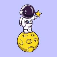 Astronaut Holding Star On Moon Cartoon Vector Icon  Illustration. Space Technology Icon Concept Isolated  Premium Vector. Flat Cartoon Style