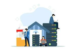 Concept of data warehouse, storage server, cloud storage technology, digital document archive storage, character sitting with laptop and accessing data from cloud storage. flat vector illustration.