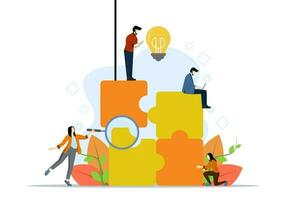 Teamwork concept with characters. Coworkers putting together a jigsaw puzzle. Troubleshooting was successful. Smart management. vector illustration for landing page, mobile app, infographic.