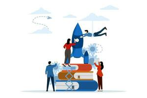 the concept of building a startup business. people are building a spaceship rocket. cohesive teamwork in startup vector, opening new business, flat vector illustration on white background.