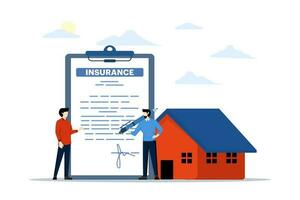 Insurance agent concept, house, insurance policy with tiny people in flat design. The insurance agent made a deal with the man and covered the house. happy man signs contract with new real estate. vector