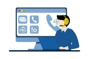 Concept of hotline worker, online assistant, telemarketer, customer attraction. Consultant with headset helping customer. customer support. Vector illustration in flat shape for UI, web banner, app.