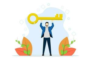 Key concept for success in your career. Unlock the ability to be independent. Self-development. Man holding keys proudly. idea in business. flat vector illustration on flat background.