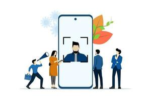 security concept using facial recognition. Face recognition using laser concept ID, man holding mobile phone in his hand and scanning app face, modern technology. flat vector illustration.