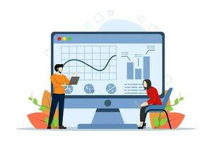 Business concept, Men and women discussing profit statistics. Graphics, laptops. Flat vector illustration. can be used for presentations, banners, website design, landing web pages