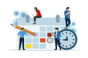 Time management concept, schedule and creative idea. Man and woman sitting and standing at calendar. Team of people at work working on solutions together. Vector illustration flat design on background