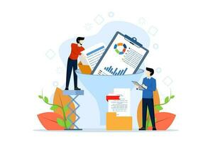 data filter concept, person with Business report in funnel, tidy up business report, sorting necessary and unnecessary data. document archive. flat vector illustration on a white background.