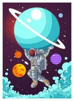 astronaut having fun and play skateboard in the space vector