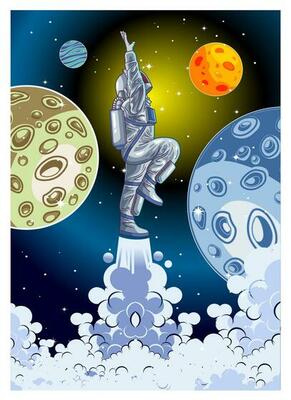astronaut having fun and play skateboard in the space