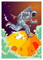 astronaut playing skateboard in the space vector