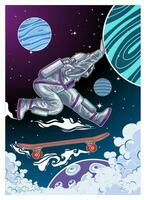 astronaut playing skateboard in the space vector