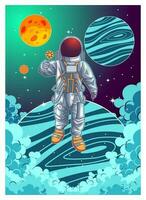 astronaut having fun and play skateboard in the space vector