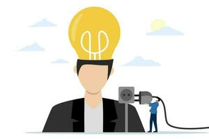 Big idea concept, connect ideas. Generate creative ideas and brainstorm metaphors. great innovation for business. A businessman connects a light bulb to start an action plan. Flat Vector illustration.