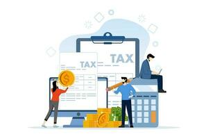 Online Tax Payment Vector Illustration Concept, person filling tax form, person submitting tax digitally via website, Suitable for web landing page, ui, mobile app, flyer, banner, etc.