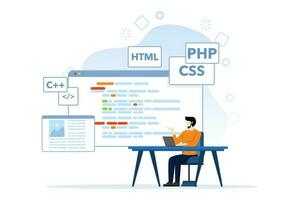 Web Development concept, characters are designing and developing websites and apps, responsive web design, website interfaces, coding and programming, flat vector illustration on background.