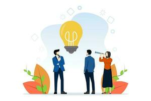 team work concept to generate idea with light lamp symbol. Group of people brainstorming new idea, creative team with raised hands thinking about solution for business. Modern UI flat illustration. vector