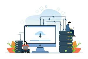 Web hosting concept with people characters. Online databases, servers, web data centers, cloud computing, technology, computers, security. Flat modern vector illustration on white background.