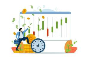 Return on investment concept, financial solutions, passive income, successful trading. Man invests successfully. Growth stock. Vector illustration in flat design for web banner, UI.