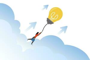 Innovation Concept. Business woman flying with light bulb. Business growth. Motivation and Success. Achievement, developing a business in a successful way. Continue. Flat vector illustration.