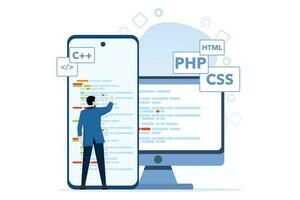 App Development Concept, people in various web and app design and development activities, social media, creative process, Suitable for web landing page, ui, mobile app, flyer, banner, etc. vector