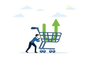 Investor buying stocks with down arrow chart in shopping cart. Buy stocks when prices fall. Profit from the market crash. trading, stock market, flat vector illustration on a white background.