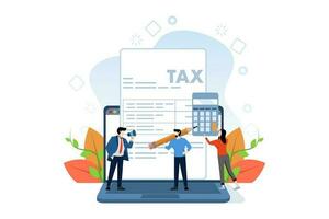 Online Tax Payment Vector Illustration Concept, person filling tax form, person submitting tax digitally via website, Suitable for web landing page, ui, mobile app, flyer, banner, etc.