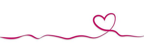 Heart symbol of valentines day. Line art style, wide banner with space for text and shadow on white background