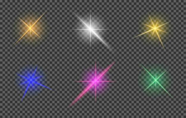 Set of realistic light glare, highlight. Collection of beautiful bright lens flares. Lighting effects of flash. Silver glitter shining stars, glowing sparks. Vector EPS10